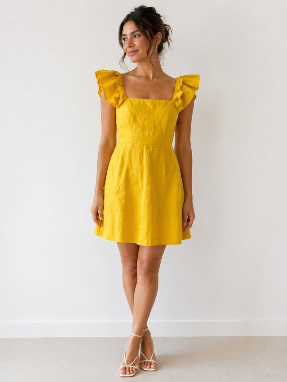Bardot Linen Blend  Ruffle Strap Mini Dress Marigold Yellow Size Small/6